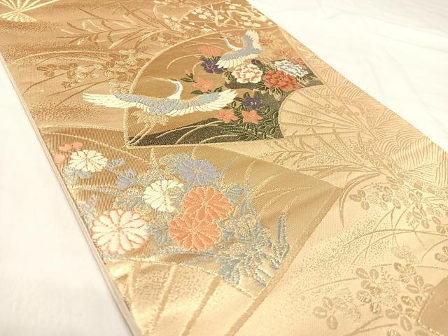 平和屋着物◎六通柄袋帯　唐織　扇面飛鶴花文　金糸　正絹　逸品　AABJ0324yx