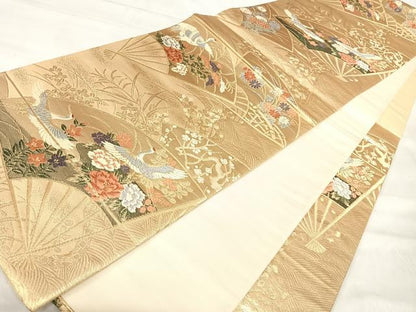 平和屋着物◎六通柄袋帯　唐織　扇面飛鶴花文　金糸　正絹　逸品　AABJ0324yx