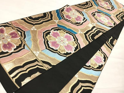 平和屋着物◎六通柄　本袋帯　唐織　草花文　黒地　金銀糸　正絹　逸品　AABJ0327yx