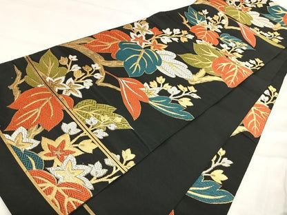 平和屋着物◎六通柄　本袋帯　唐織　桐　黒地　金糸　正絹　逸品　AABJ0331yx
