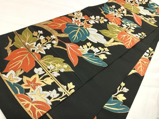 平和屋着物◎六通柄　本袋帯　唐織　桐　黒地　金糸　正絹　逸品　AABJ0331yx