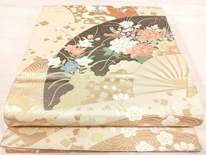 平和屋着物◎六通柄袋帯　唐織　扇面花文　金糸　正絹　逸品　AABJ0334yx