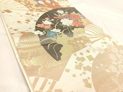 平和屋着物◎六通柄袋帯　唐織　扇面花文　金糸　正絹　逸品　AABJ0334yx