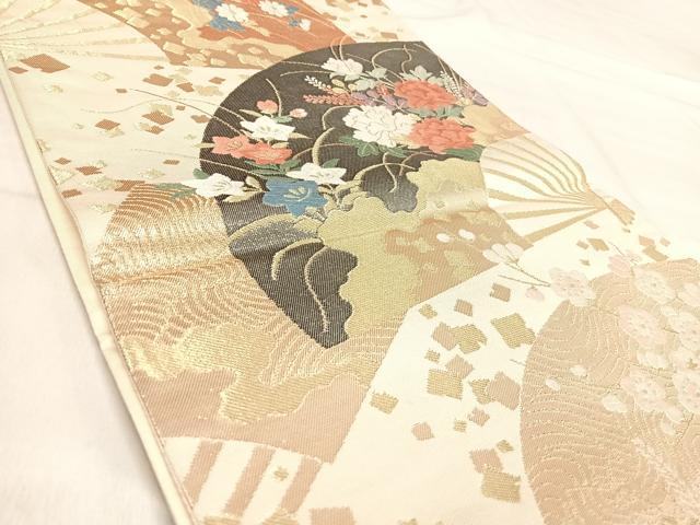 平和屋着物◎六通柄袋帯　唐織　扇面花文　金糸　正絹　逸品　AABJ0334yx