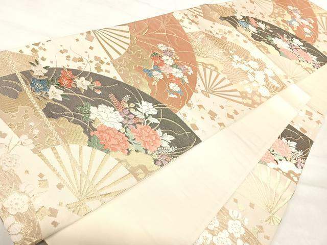 平和屋着物◎六通柄袋帯　唐織　扇面花文　金糸　正絹　逸品　AABJ0334yx
