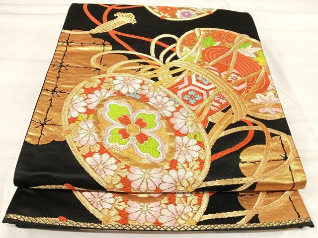 平和屋着物◎六通柄袋帯　唐織　花鼓文　黒地　金銀糸　正絹　逸品　AABJ0336yx
