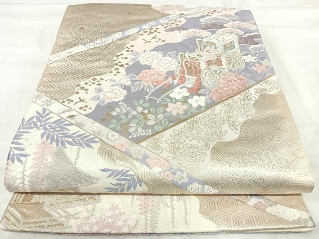 平和屋着物◎六通柄袋帯　唐織　御所車花文　銀糸　正絹　逸品　AABJ0340yx