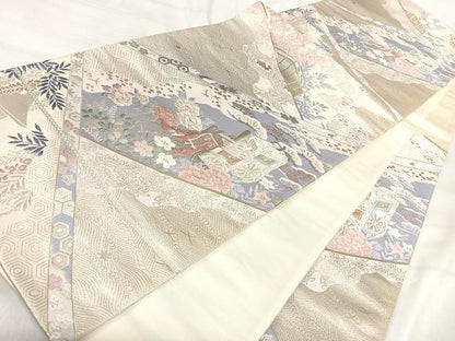 平和屋着物◎六通柄袋帯　唐織　御所車花文　銀糸　正絹　逸品　AABJ0340yx