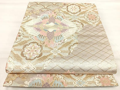 平和屋着物◎六通柄袋帯　唐織　向かい鳥花文　金銀糸　正絹　逸品　AABJ0343yx