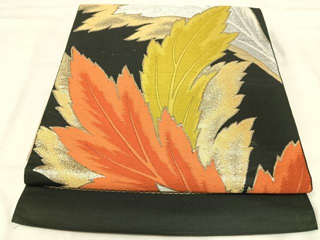 平和屋着物◎六通柄　本袋帯　唐織　葉尽くし　黒地　金銀糸　正絹　逸品　AABJ0349yx
