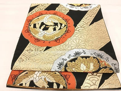 平和屋着物◎六通柄袋帯　唐織　鏡裏花鳥文　黒地　金銀糸　正絹　逸品　AABJ0357yx