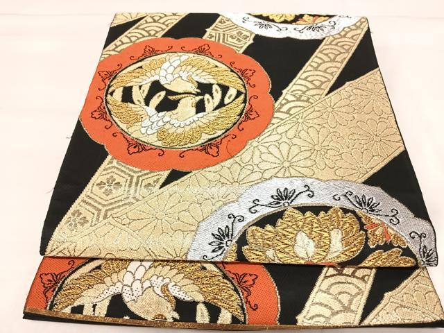 平和屋着物◎六通柄袋帯　唐織　鏡裏花鳥文　黒地　金銀糸　正絹　逸品　AABJ0357yx