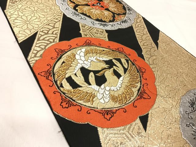 平和屋着物◎六通柄袋帯　唐織　鏡裏花鳥文　黒地　金銀糸　正絹　逸品　AABJ0357yx