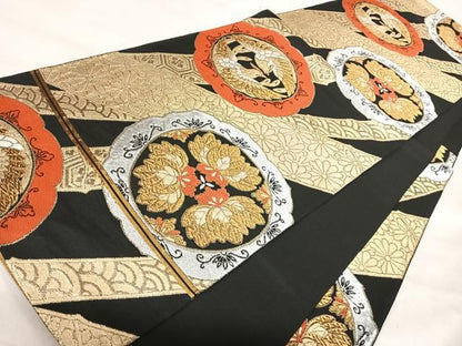 平和屋着物◎六通柄袋帯　唐織　鏡裏花鳥文　黒地　金銀糸　正絹　逸品　AABJ0357yx