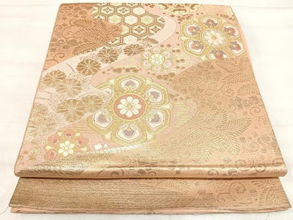 平和屋着物◎六通柄袋帯　唐織　流水花文　金糸　正絹　逸品　AABJ0362yx