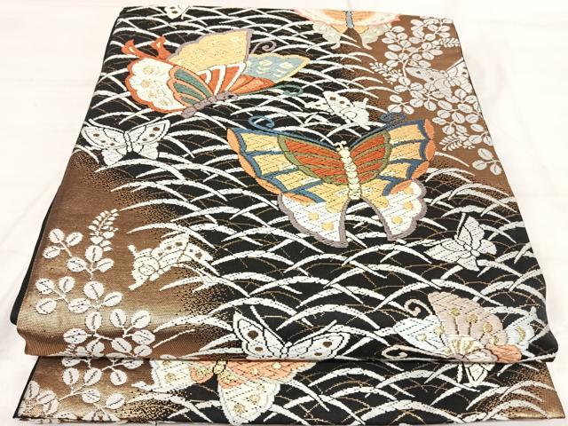 平和屋着物◎六通柄袋帯　唐織　舞蝶文　黒地　金糸　正絹　逸品　AABJ0363yx