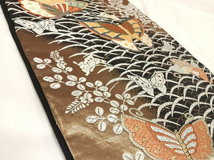 平和屋着物◎六通柄袋帯　唐織　舞蝶文　黒地　金糸　正絹　逸品　AABJ0363yx
