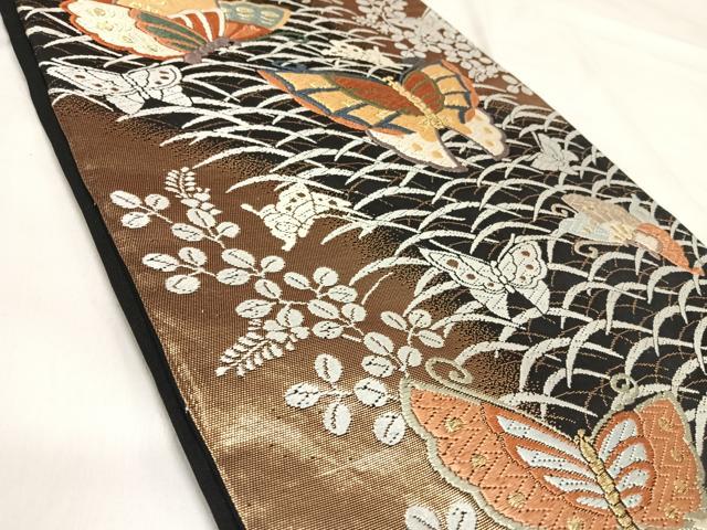 平和屋着物◎六通柄袋帯　唐織　舞蝶文　黒地　金糸　正絹　逸品　AABJ0363yx