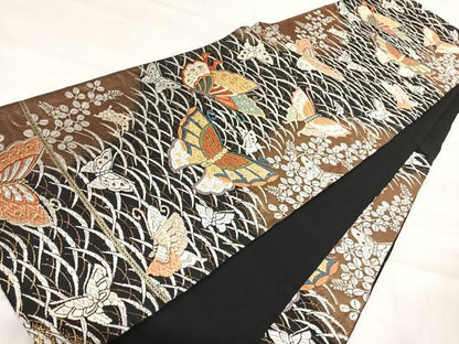 平和屋着物◎六通柄袋帯　唐織　舞蝶文　黒地　金糸　正絹　逸品　AABJ0363yx