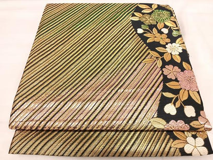 平和屋着物◎両面六通柄袋帯　花間道　黒地　金糸　正絹　逸品　AABJ0365yx