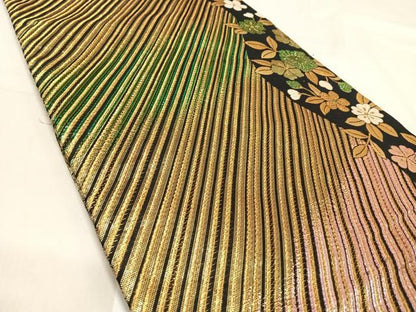 平和屋着物◎両面六通柄袋帯　花間道　黒地　金糸　正絹　逸品　AABJ0365yx