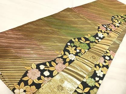 平和屋着物◎両面六通柄袋帯　花間道　黒地　金糸　正絹　逸品　AABJ0365yx