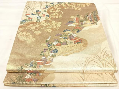 平和屋着物◎六通柄袋帯　唐織　道長鴛鴦花文　金銀糸　正絹　逸品　AABJ0373yx