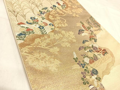 平和屋着物◎六通柄袋帯　唐織　道長鴛鴦花文　金銀糸　正絹　逸品　AABJ0373yx