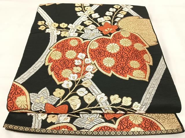 平和屋着物◎六通柄　本袋帯　唐織　都錦　桐　黒地　金銀糸　正絹　逸品　AABJ0374yx