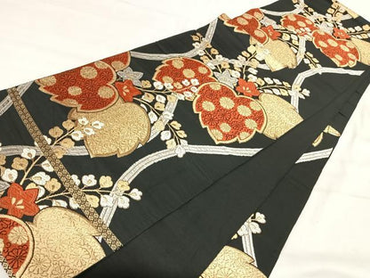 平和屋着物◎六通柄　本袋帯　唐織　都錦　桐　黒地　金銀糸　正絹　逸品　AABJ0374yx