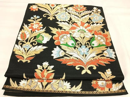 平和屋着物◎六通柄　本袋帯　草花文　黒地　金銀糸　正絹　逸品　AABJ0377yx
