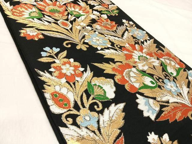 平和屋着物◎六通柄　本袋帯　草花文　黒地　金銀糸　正絹　逸品　AABJ0377yx