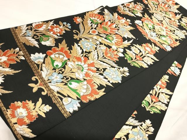 平和屋着物◎六通柄　本袋帯　草花文　黒地　金銀糸　正絹　逸品　AABJ0377yx