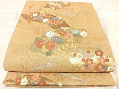 平和屋着物◎六通柄袋帯　唐織　扇面花文　金糸　正絹　逸品　AABJ0379yx