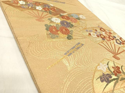 平和屋着物◎六通柄袋帯　唐織　扇面花文　金糸　正絹　逸品　AABJ0379yx