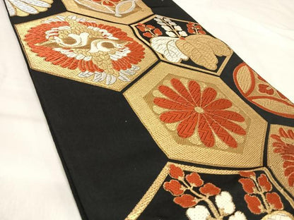 平和屋着物◎六通柄袋帯　唐織　向かい鳥亀甲文　黒地　金銀糸　正絹　逸品　AABJ0380yx