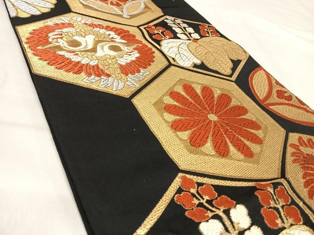 平和屋着物◎六通柄袋帯　唐織　向かい鳥亀甲文　黒地　金銀糸　正絹　逸品　AABJ0380yx