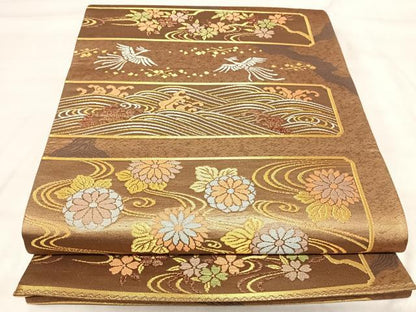 平和屋着物◎六通柄袋帯　立波鳳凰花文　金糸　正絹　逸品　AABJ0382yx