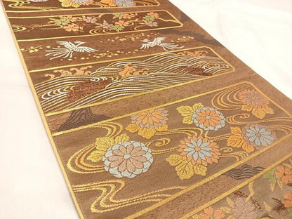 平和屋着物◎六通柄袋帯　立波鳳凰花文　金糸　正絹　逸品　AABJ0382yx