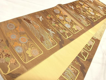 平和屋着物◎六通柄袋帯　立波鳳凰花文　金糸　正絹　逸品　AABJ0382yx