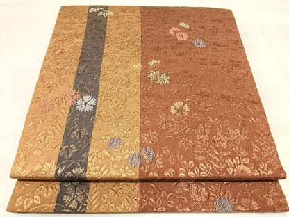 平和屋着物◎六通柄袋帯　ふくれ織　草花文　金糸　正絹　逸品　AABJ0390yx