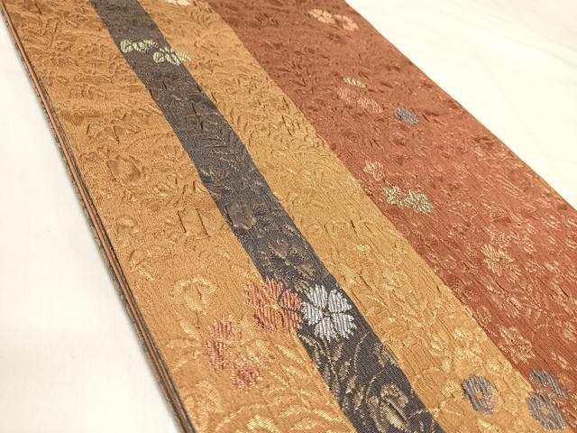 平和屋着物◎六通柄袋帯　ふくれ織　草花文　金糸　正絹　逸品　AABJ0390yx