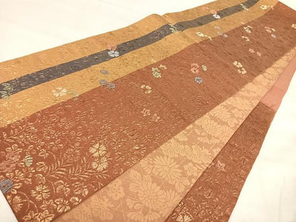 平和屋着物◎六通柄袋帯　ふくれ織　草花文　金糸　正絹　逸品　AABJ0390yx