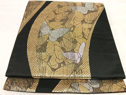 平和屋着物◎六通柄袋帯　舞蝶文　黒地　金銀糸　正絹　逸品　AABJ0391yx