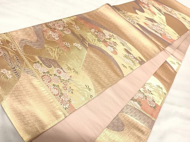 平和屋着物◎六通柄袋帯　唐織　遠山花園文　能衣錦　金糸　正絹　逸品　AABJ0393yx