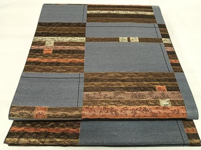 平和屋着物◎六通柄袋帯　市松文　金糸　正絹　逸品　AABJ0395yx