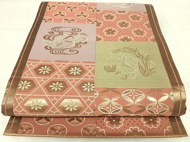 平和屋着物◎六通柄袋帯　市松花鳥文　金糸　正絹　逸品　AABJ0396yx