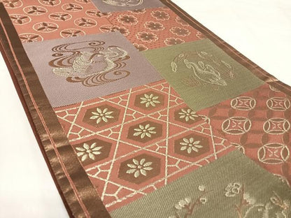 平和屋着物◎六通柄袋帯　市松花鳥文　金糸　正絹　逸品　AABJ0396yx