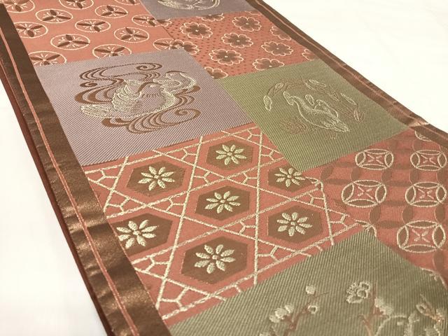 平和屋着物◎六通柄袋帯　市松花鳥文　金糸　正絹　逸品　AABJ0396yx