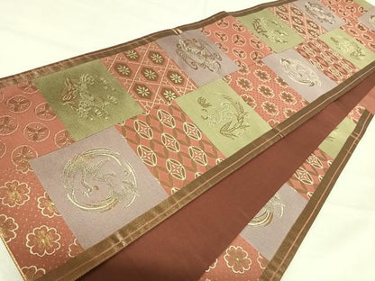 平和屋着物◎六通柄袋帯　市松花鳥文　金糸　正絹　逸品　AABJ0396yx